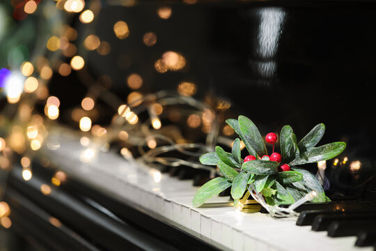 Mistletoe branch and glowing lights on black piano, closeup