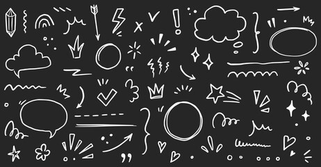 Sketch underline, emphasis, arrow shape set chalkboard. Hand drawn brush stroke, highlight, speech bubble, underline, sparkle element. Vector illustration.