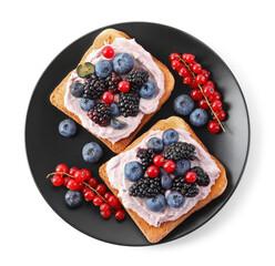 Obraz premium Tasty sandwiches with cream cheese and berries isolated on white, top view