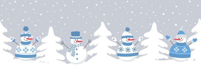 snowmen rejoice in winter holidays. Seamless border. Christmas background. Four different snowmen in blue winter clothes and fir trees. template for greeting card. Vector illustration