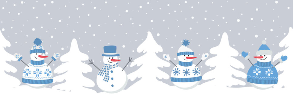 snowmen rejoice in winter holidays. Seamless border. Christmas background. Four different snowmen in blue winter clothes and fir trees. template for greeting card. Vector illustration