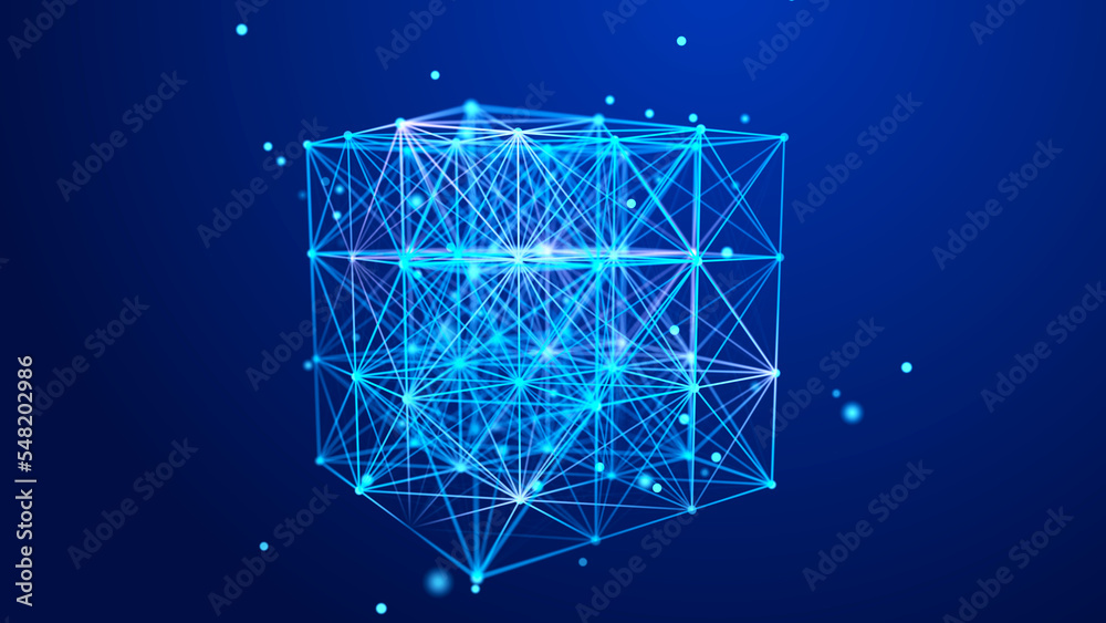 Poster digital blockchain concept. data storage in separate cells. abstract background with dots and connec