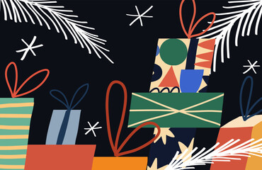 Vector illustration with gift boxes. Collection of colorful boxes with presents on dark background. Festive image dedicated to Christmas and New Year celebration. Decoration.