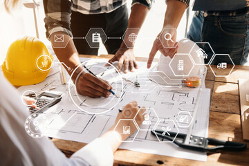 Confident team of architect working together in a office.Then discussing about new startup project on desk.in office, architectural concept.