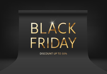 Black Friday Sale. Banner, poster, 3d logo golden color on dark black background. Shiny gold premium logotype. Discount up to 50%. Vector realistic black empty photo studio with black paper background - 548203331