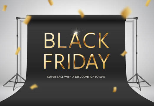 Black Friday Super Sale, special offer. Opening party with gold confetti. Photo studio with black background. Premium certificate. Special price. Discount coupon. 3d render design. 50% discount. 