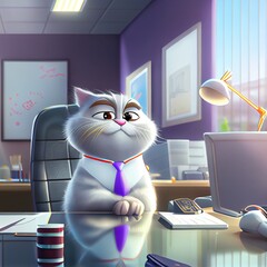 Cute adorable cartoon cat as office worker at workplace. Beautiful Ai generated illustration