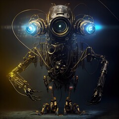 Robotic observer made with metals, cables and wires, in style of cyberpunk. Gorgeous illustration generated by Ai.