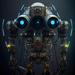 Robotic observer made with metals, cables and wires, in style of cyberpunk. Gorgeous illustration generated by Ai.