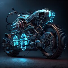 Futuristic motorcycle made with metals, cables and wire in style of cyberpunk, generated by Ai