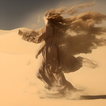 A spirit of the dunes. A man in a hooded robe wading through sands in a hot desert. Strong wind. The man is morphing into sand and dust. Sandstorm, sand walker 
