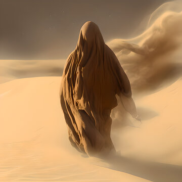 A spirit of the dunes. A man in a hooded robe wading through sands in a hot desert. Strong wind. The man is morphing into sand and dust. Sandstorm, sand walker 