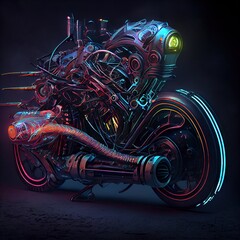 Cyberpunk bike made with metals, cables and wire. Creative futuristic illustration generated by Ai