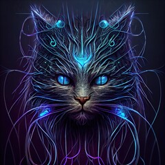 Robotic cat made with metals, cables and wires, in style of cyberpunk. Stunning illustration generated by Ai.