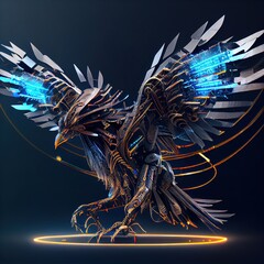 Robotic hawk made with metals, cables and wires, in style of cyberpunk. Stunning illustration generated by Ai.