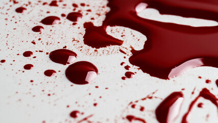 Stain and splashes of blood on light grey background, closeup