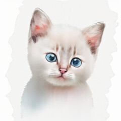 White kitten with blue eyes portrait, watercolor illustration