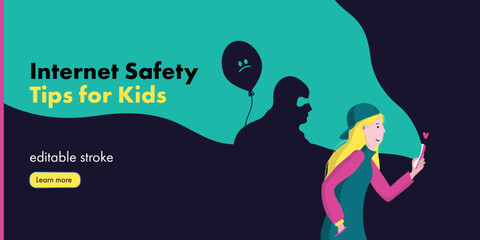 internet safety for children, kids security on social media, privacy protection online, education about personal data, cyber bulling. vector illustration banner of girl scrolling phone and hacker