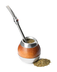 Calabash with mate tea and bombilla on white background
