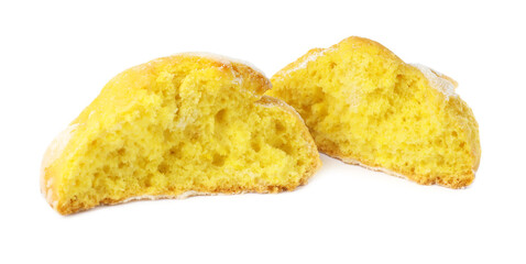 Broken tasty lemon cookie on white background