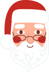 Santa Claus head in a hat, glasses, with a beard and red cheeks isolated on blue background. Vector flat illustration for Christmas, New Year