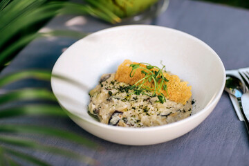 Plate with risotto at the table, outdoors