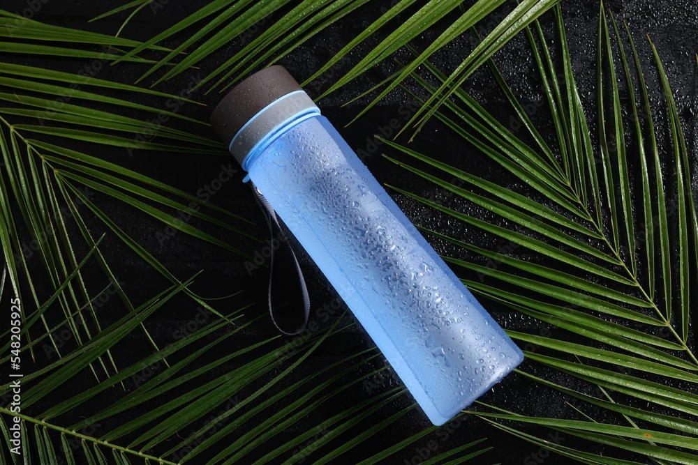 Wall mural Wet thermo bottle and green leaves on black table, top view