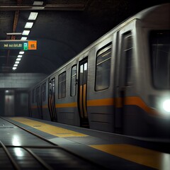 Obraz premium Subway train at the platform. Blurred motion. Photorealistic illustration generated by Ai