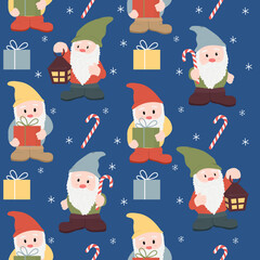 Seamless pattern with gnomes. Scandinavian christmas repeated background for wrapping paper, fabric