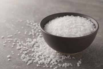 Fototapeta na wymiar Bowl of natural sea salt on grey table