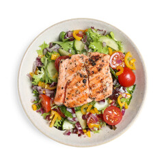 Bowl with tasty salmon and mixed vegetables on white background, top view