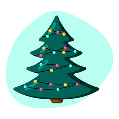 Christmas tree decorated with garland, vector illustration, flat cartoon style