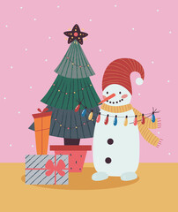 christmas card withFunny snowman decorates the christmas tree