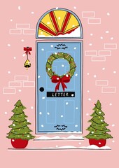 Postcard Christmas door. Decor from a wreath with garlands. Christmas tree in a pot. Hand drawn illustration.