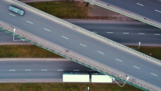 Aerial View Of Many Modern Overhead Roads With Fast Moving Cars And Trucks, No Traffic Jams. High Quality 4k Footage