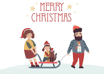 Happy winter family Sledding merry christmas card