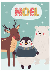noel christmas card with cute winter animals turquoise background