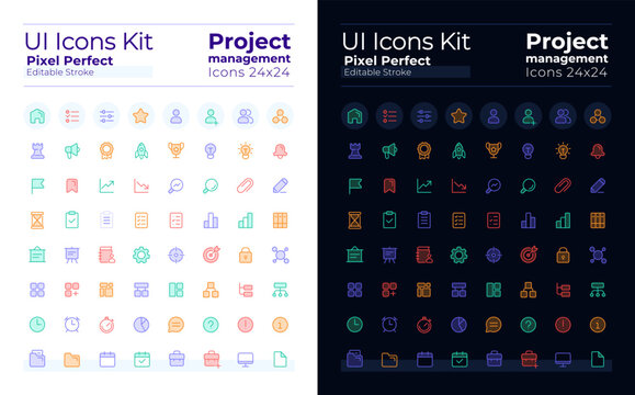 Project Management Pixel Perfect Glass Morphism Ui Icons Set For Dark, Light Mode. GUI, UX Design. Vector Isolated Pictograms With Transparency. Editable Stroke. Montserrat Bold, Light Fonts Used