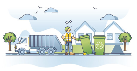 Bin collector occupation and garbage container emptying task outline concept. Work with urban dump vehicle and disposal service vector illustration. Trash sanitation profession and dirty dumpster job.