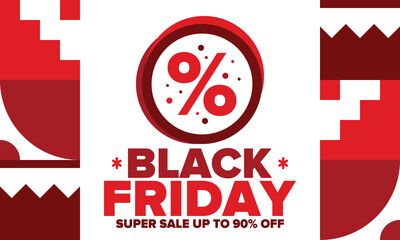Black Friday. Sale up to 90% off. Biggest sale of the year. Special offer banner. Holiday shopping in United States. Super season deal in November. Discount badge. Creative vector template