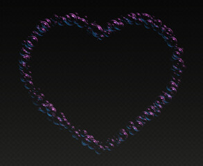 Realistic soap foam in heart shape, iridescent shampoo bubbles, pink bath lather frame isolated on a dark background. Romantic Valentine's day concept. Vector illustration.