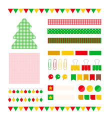 A set of decorative illustration icons with the concept of 'Christmas', a winter holiday and festival in December. Various objects such as notes, labels, indexes, pincers, clips, thumbtacks and pins.