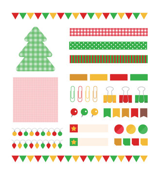 A set of decorative illustration icons with the concept of 'Christmas', a winter holiday and festival in December. Various objects such as notes, labels, indexes, pincers, clips, thumbtacks and pins.