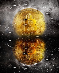 Bitcoins covered with soap bubbles, depicting the gradual collapse of the bitcoin blockchain bubble