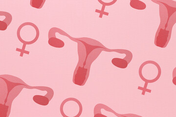 A model of a female uterus on a pink background. Pattern. The concept of women's health