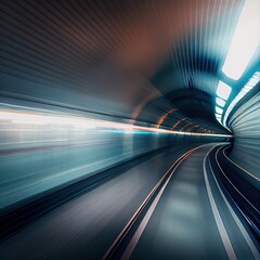 Subway metro underground tunnel with blurry rail tracks. Blurred motion, abstract background. Ai generated, photorealistic illustration