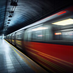 Fototapeta premium Subway train at the platform blurred in motion. Photorealistic illustration generated by Ai