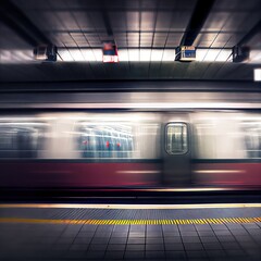 Underground train at the platform blurred in motion. Photorealistic illustration generated by Ai
