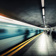 Underground train at the platform blurred in motion. Photorealistic illustration generated by Ai
