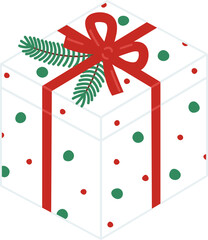 White gift box with colored circles, red ribbon and Christmas tree branches isolated on blue background. Present for New Year. Vector flat illustration